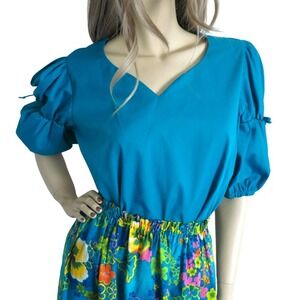 Vintage 70s Teal Blue‎ Peasant Blouse M
